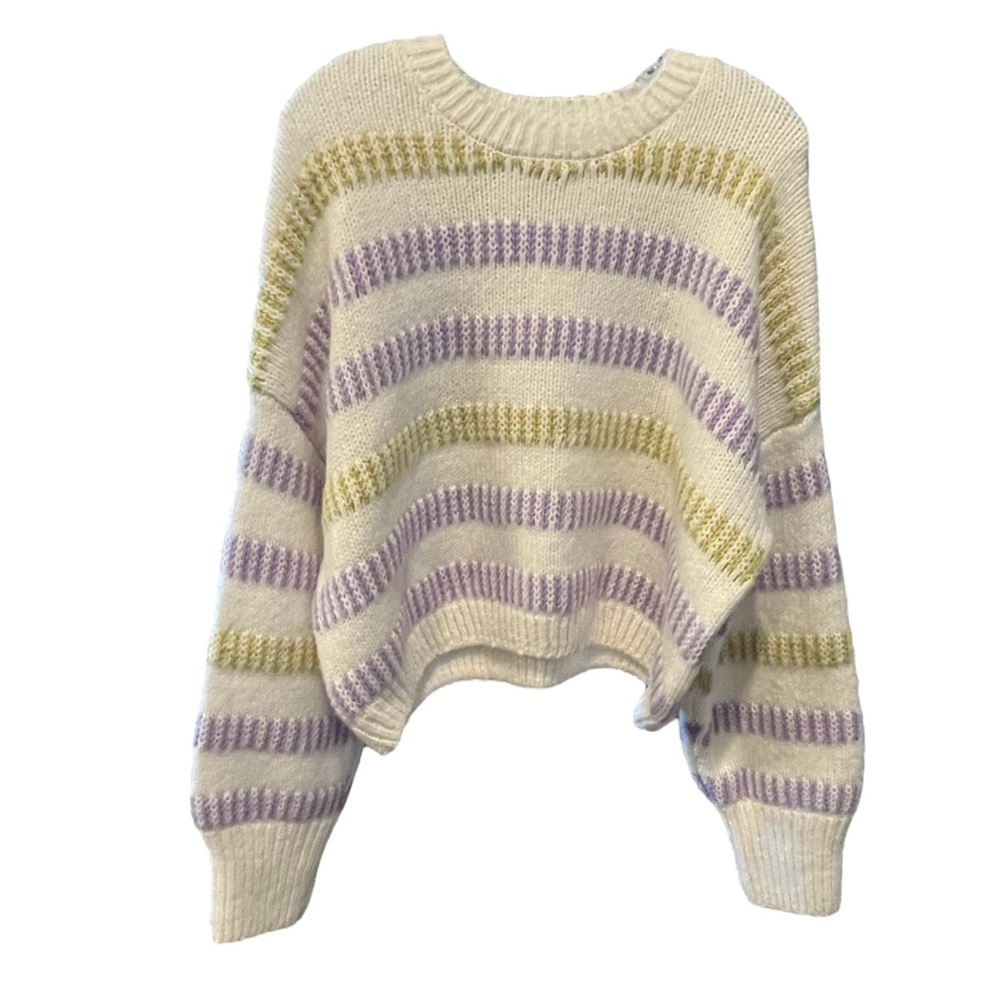 NWT Pink Rose Ivory/Lavender/Lime Striped Crew Neck Sweater Size L.